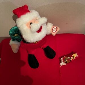 Vintage Plush musical Dandee Santa &wood mouse w glasses ornament guc